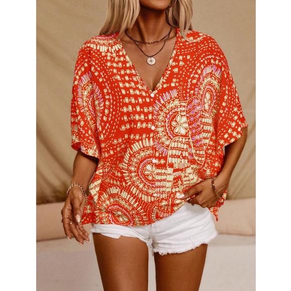 Sprits Color Floral Abstract Boho Batwing Sleeve Loose Fitting Shirt - Picture 6 of 10